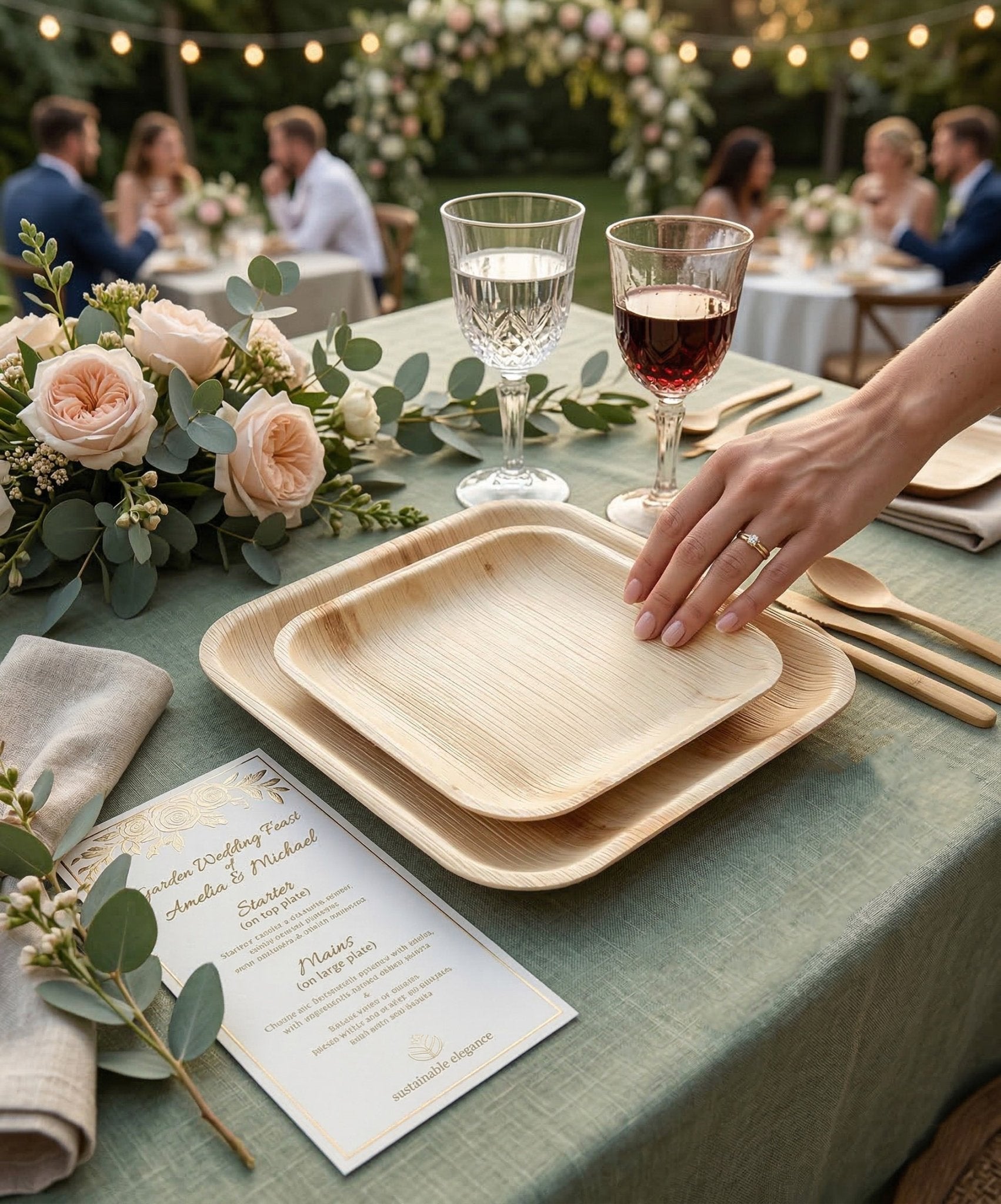7.85" & 10" Square Palm Leaf Plates Sets - Compostable Modern Dinnerware for Weddings & Events - Leaf with life