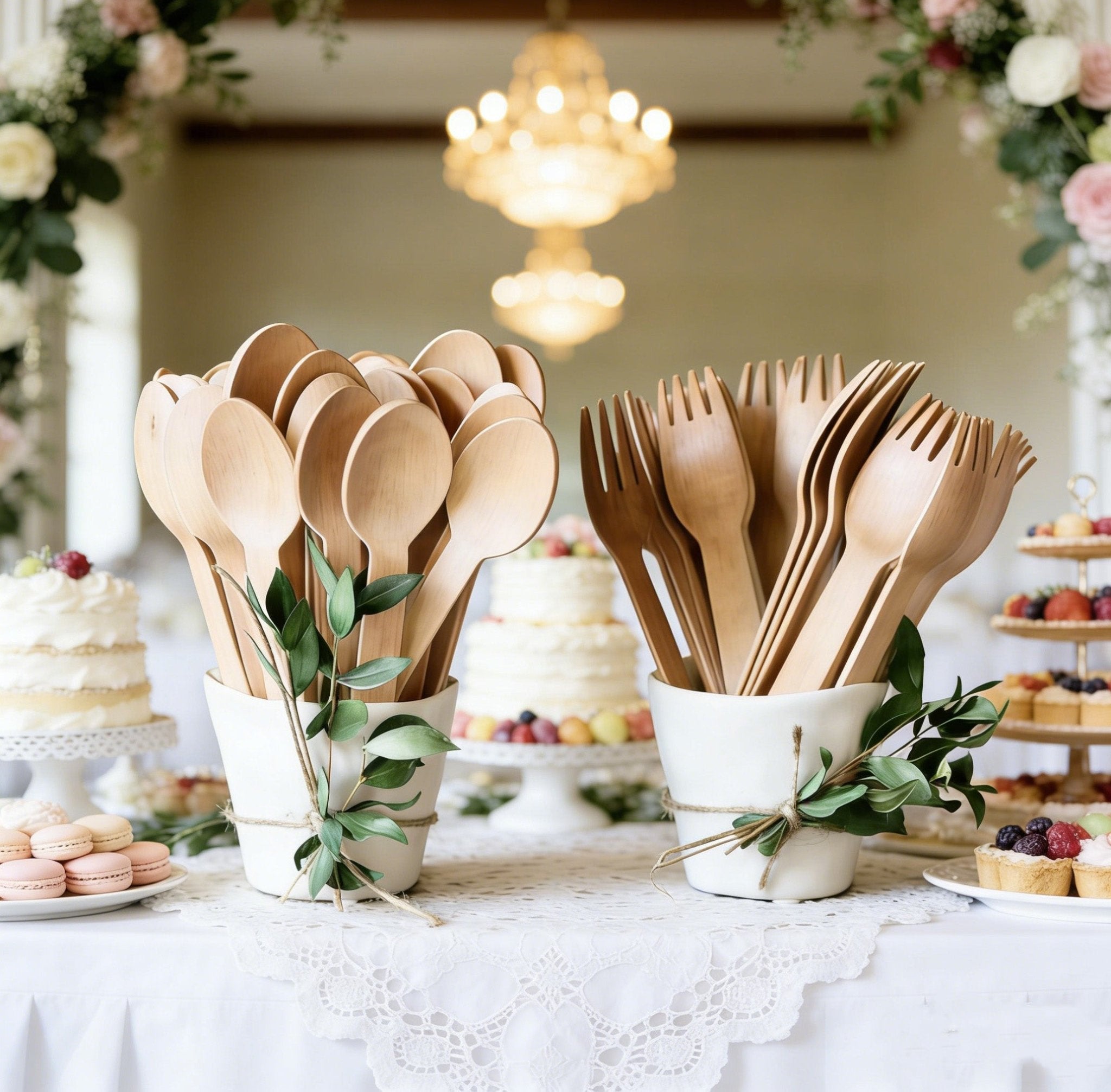 Compostable Splinter - Free Wooden Cutlery Set - Heavy - Duty Fork, Knife & Spoon for Events - Leaf with life