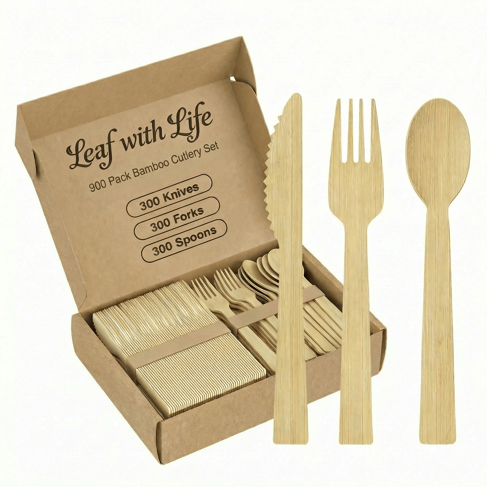 Sturdy Splinter - Free Bamboo Cutlery Set - Compostable Fork, Knife & Spoon for Events - Leaf with life