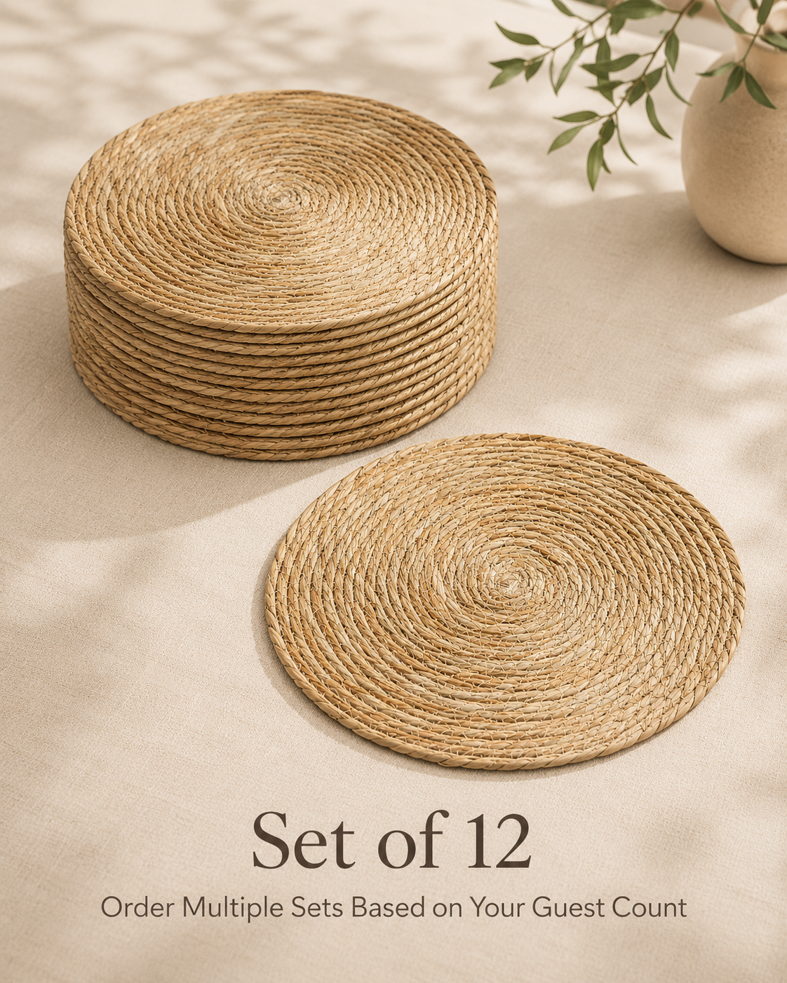 12" Round Water Hyacinth Placemats - Handwoven Table Mats for Weddings & Gatherings - Leaf with Life