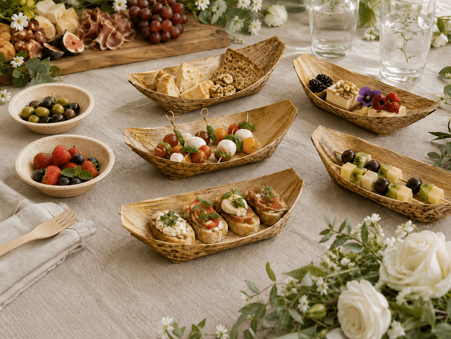 Bamboo Food Boats for Food: What to Serve at Cocktail Hours, Catering Tables, and Grazing Stations - Leaf with life