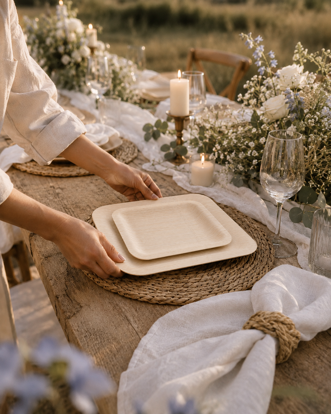 Natural compostable palm leaf and bamboo plates for weddings and events