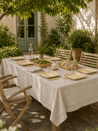 100% Pure Linen Tablecloth - Classic Hemstitch Rectangular Table Cover for Gatherings, Dining &amp; Celebrations - Leaf with life