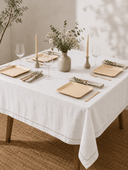100% Pure Linen Tablecloth - Classic Hemstitch Rectangular Table Cover for Gatherings, Dining &amp; Celebrations - Leaf with life