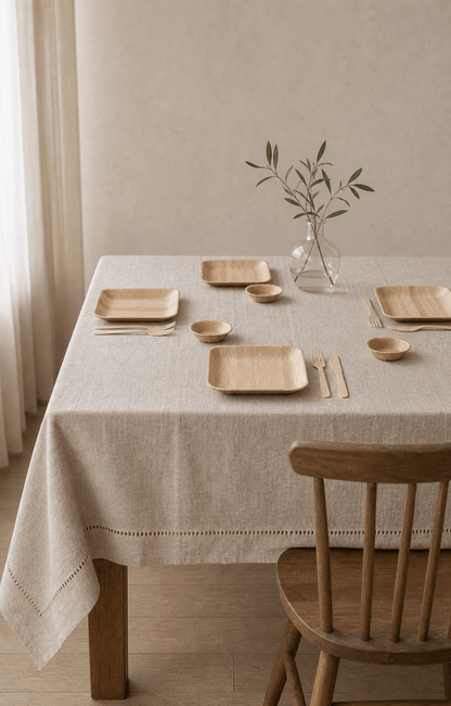 100% Pure Linen Tablecloth - Classic Hemstitch Rectangular Table Cover for Gatherings, Dining &amp; Celebrations - Leaf with life