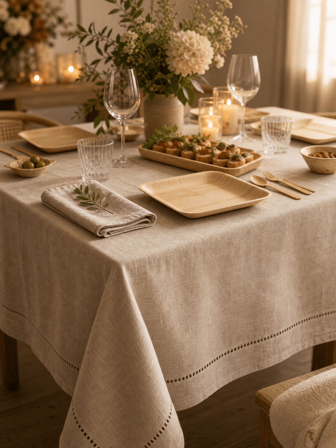 100% Pure Linen Tablecloth - Classic Hemstitch Rectangular Table Cover for Gatherings, Dining &amp; Celebrations - Leaf with life