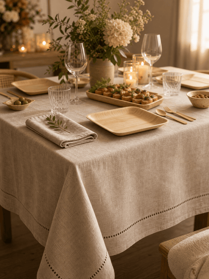 100% Pure Linen Tablecloth - Classic Hemstitch Rectangular Table Cover for Gatherings, Dining &amp; Celebrations - Leaf with life