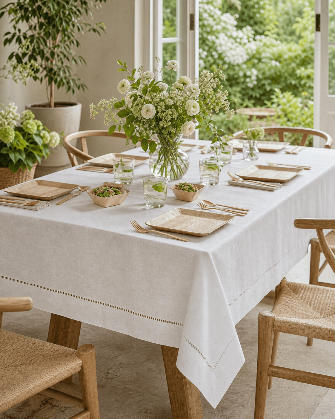 100% Pure Linen Tablecloth - Classic Hemstitch Rectangular Table Cover for Gatherings, Dining &amp; Celebrations - Leaf with life