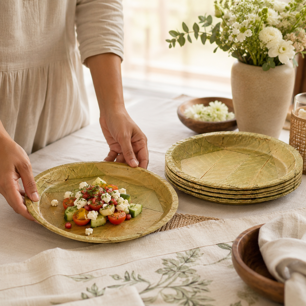 11" Sal Leaf Dinner Plates - Naturally Textured Leaf Plates for Gatherings, Picnics &amp; Catering