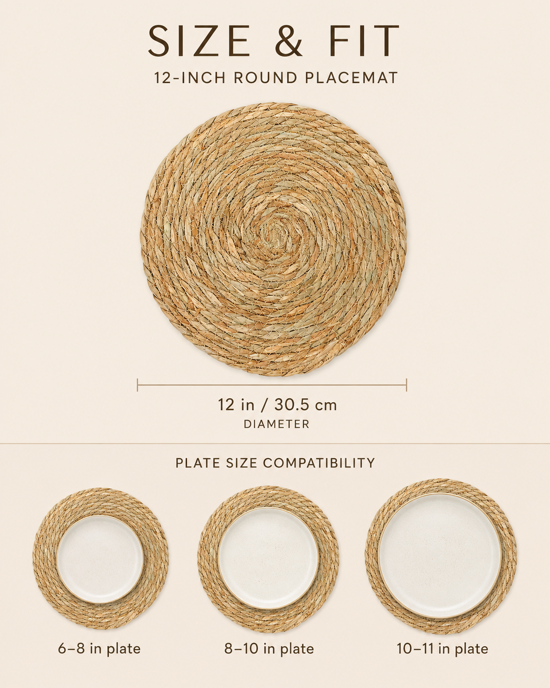 12" Round Water Hyacinth Placemats - Handwoven Table Mats for Weddings &amp; Gatherings -  Leaf with Life