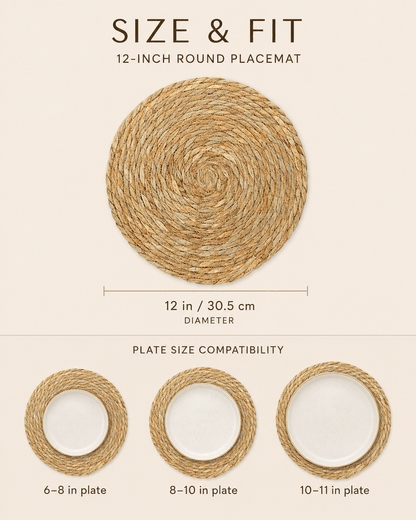 12" Round Water Hyacinth Placemats - Handwoven Table Mats for Weddings &amp; Gatherings - Leaf with Life - Leaf with life