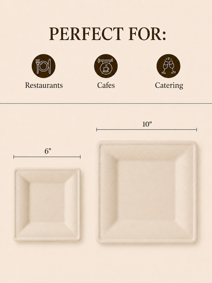 6 in / 10in Natural Sugarcane Square Plates - Appetizer &amp; Dinner Plates for Gatherings