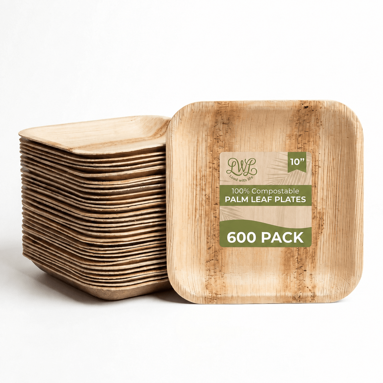 6 in / 10 in Square Palm Leaf Plates - Heavy-Duty Leak-Proof Dinnerware for Weddings &amp; Events - Leaf with life