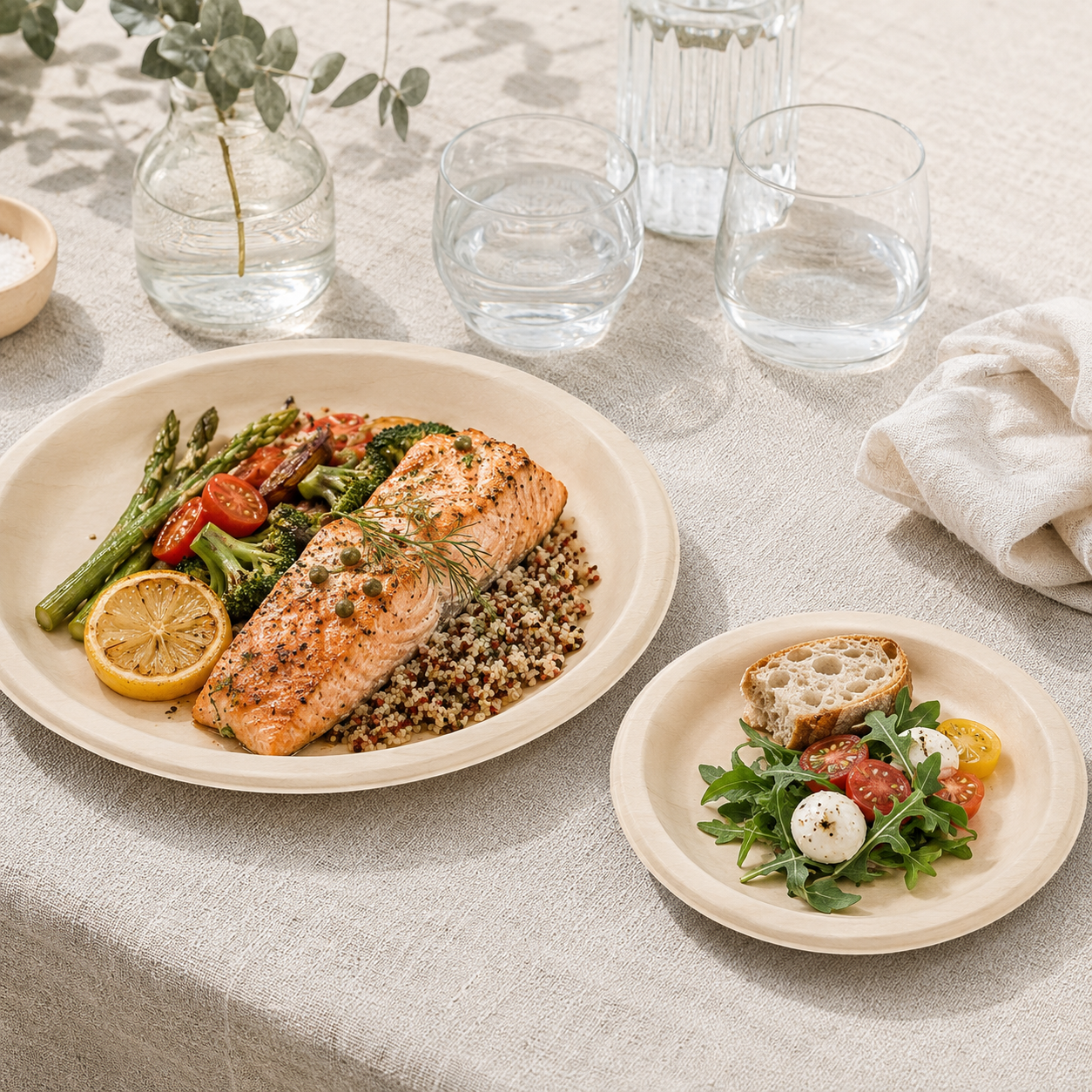 6" &amp; 10.25" Round Poplar Wooden Plate Set - Appetizer &amp; Dinner Plates for Gatherings