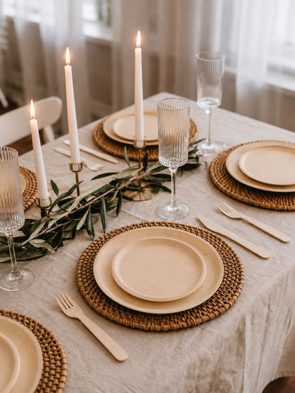 6" &amp; 10.25" Round Poplar Wooden Plate Set - Appetizer &amp; Dinner Plates for Gatherings