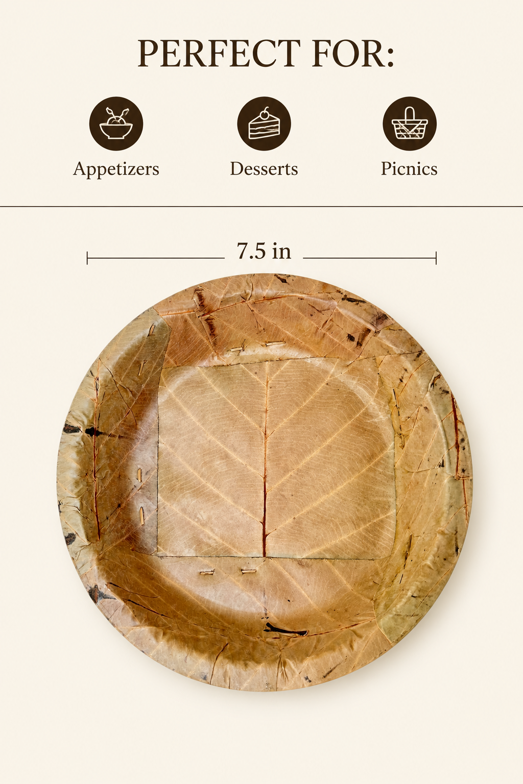 7.5" Sal Leaf Plates - Naturally Textured Leaf Plates for Appetizers, Desserts, Picnics &amp; Gatherings