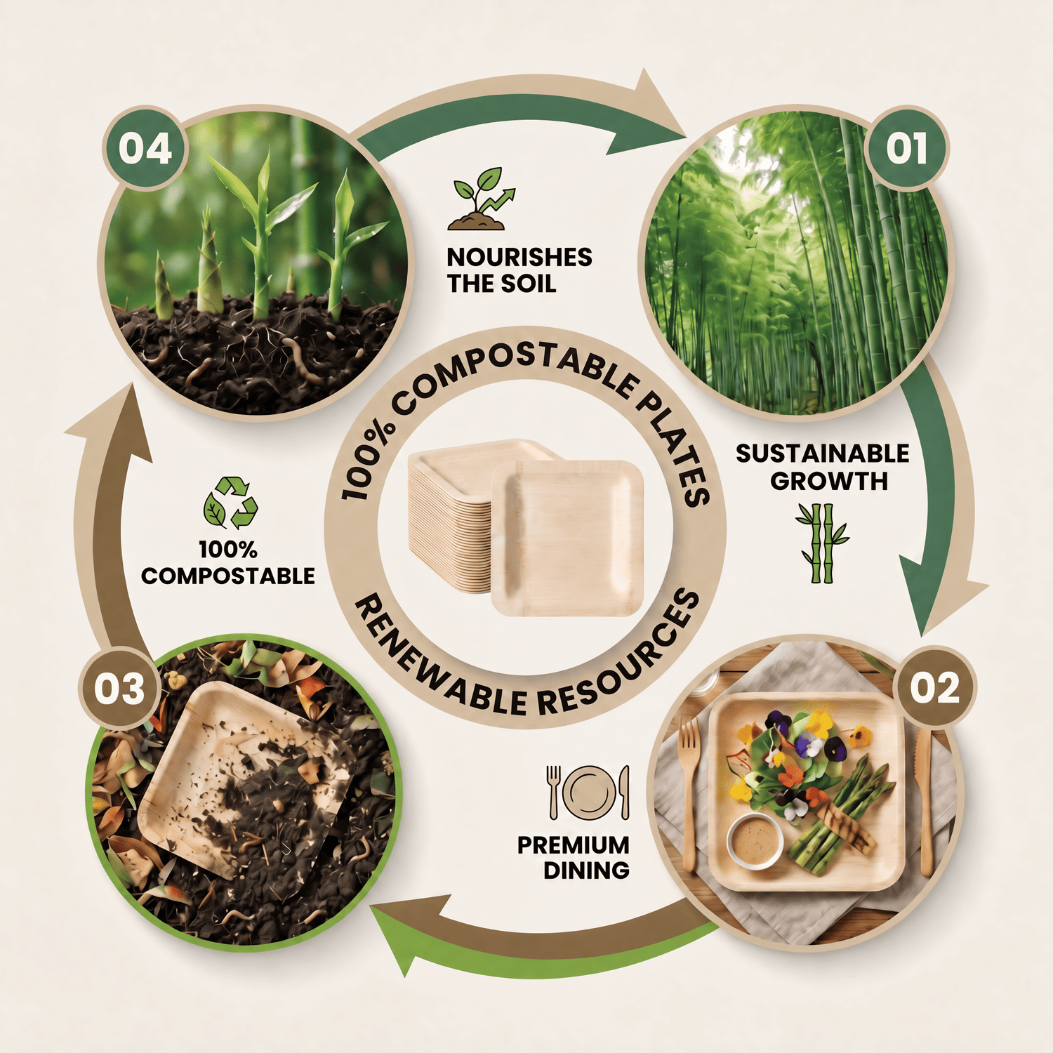 7 in / 10 in Square Bamboo Plates | Wabi - Sabi Elegance &amp; Fine - Grain Texture | 100% Natural &amp; Compostable - Leaf with life