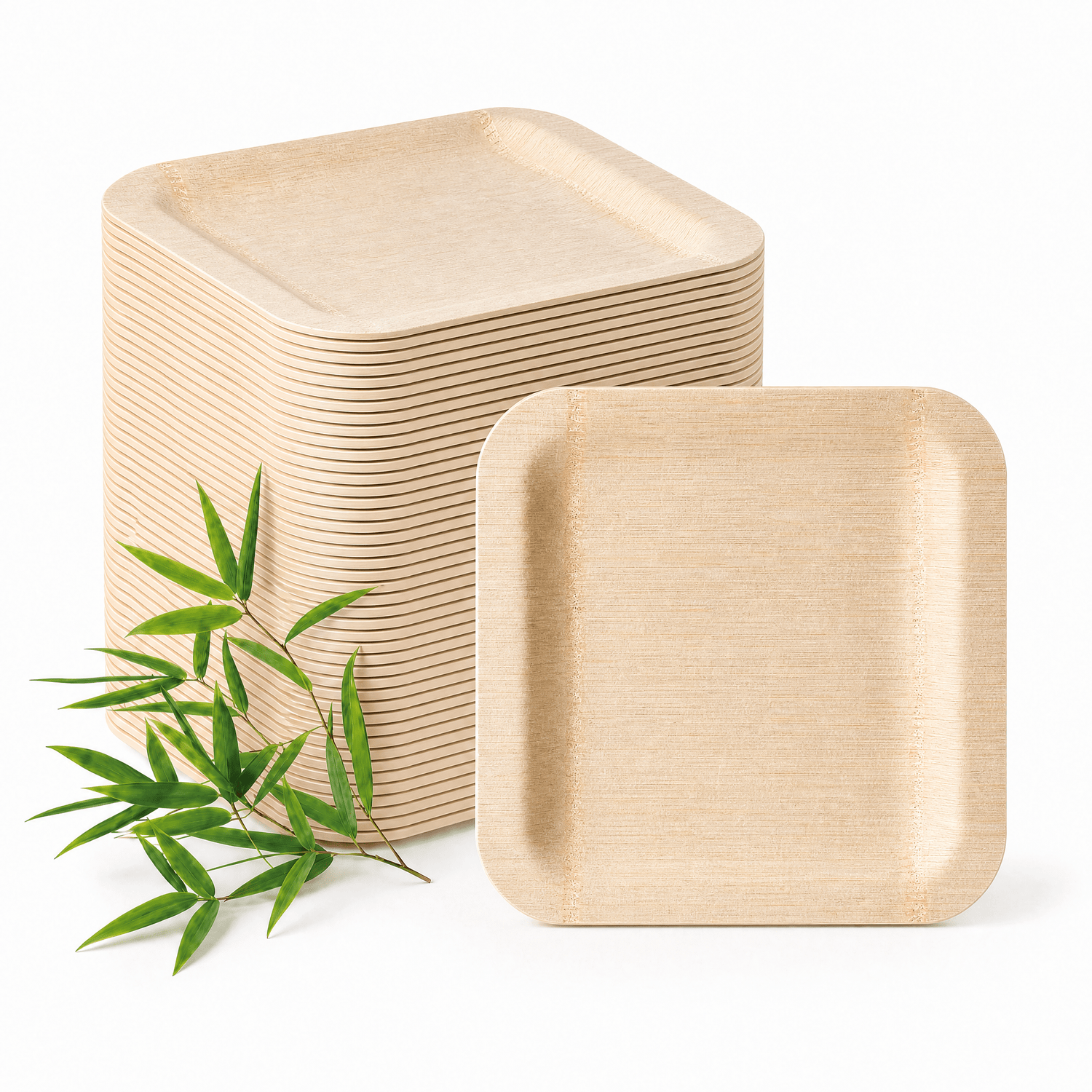 7 in / 10 in Square Bamboo Plates | Wabi - Sabi Elegance &amp; Fine - Grain Texture | 100% Natural &amp; Compostable - Leaf with life
