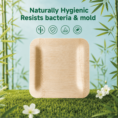 7 in / 10 in Square Bamboo Plates | Wabi - Sabi Elegance &amp; Fine - Grain Texture | 100% Natural &amp; Compostable - Leaf with life
