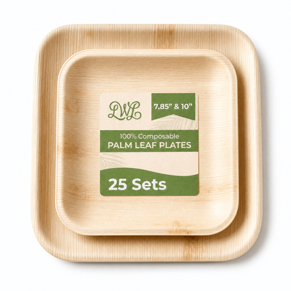 7.85 &amp; 10 in Square Palm Leaf Plates Sets - Compostable Modern Dinnerware for Weddings &amp; Events - Leaf with life