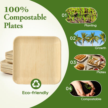 7.85" &amp; 10" Square Palm Leaf Plates Sets - Compostable Modern Dinnerware for Weddings &amp; Events - Leaf with life