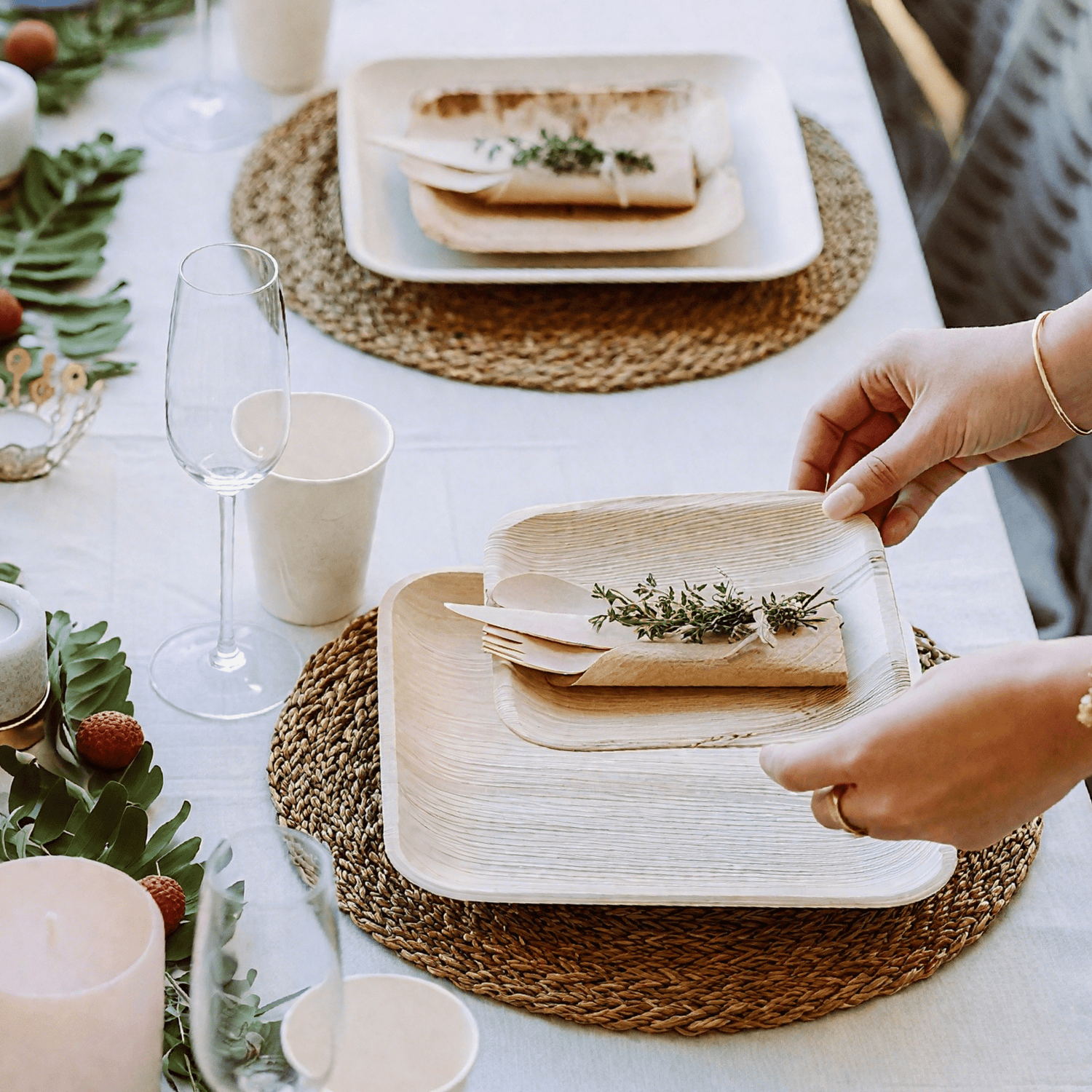 7.85" &amp; 10" Square Palm Leaf Plates Sets - Compostable Modern Dinnerware for Weddings &amp; Events - Leaf with life