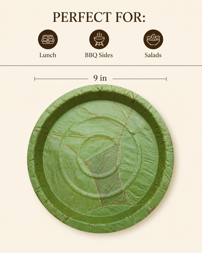 9" Sal Leaf Plates - Natural Round Plates for Meals, Salads, Picnics &amp; Catering