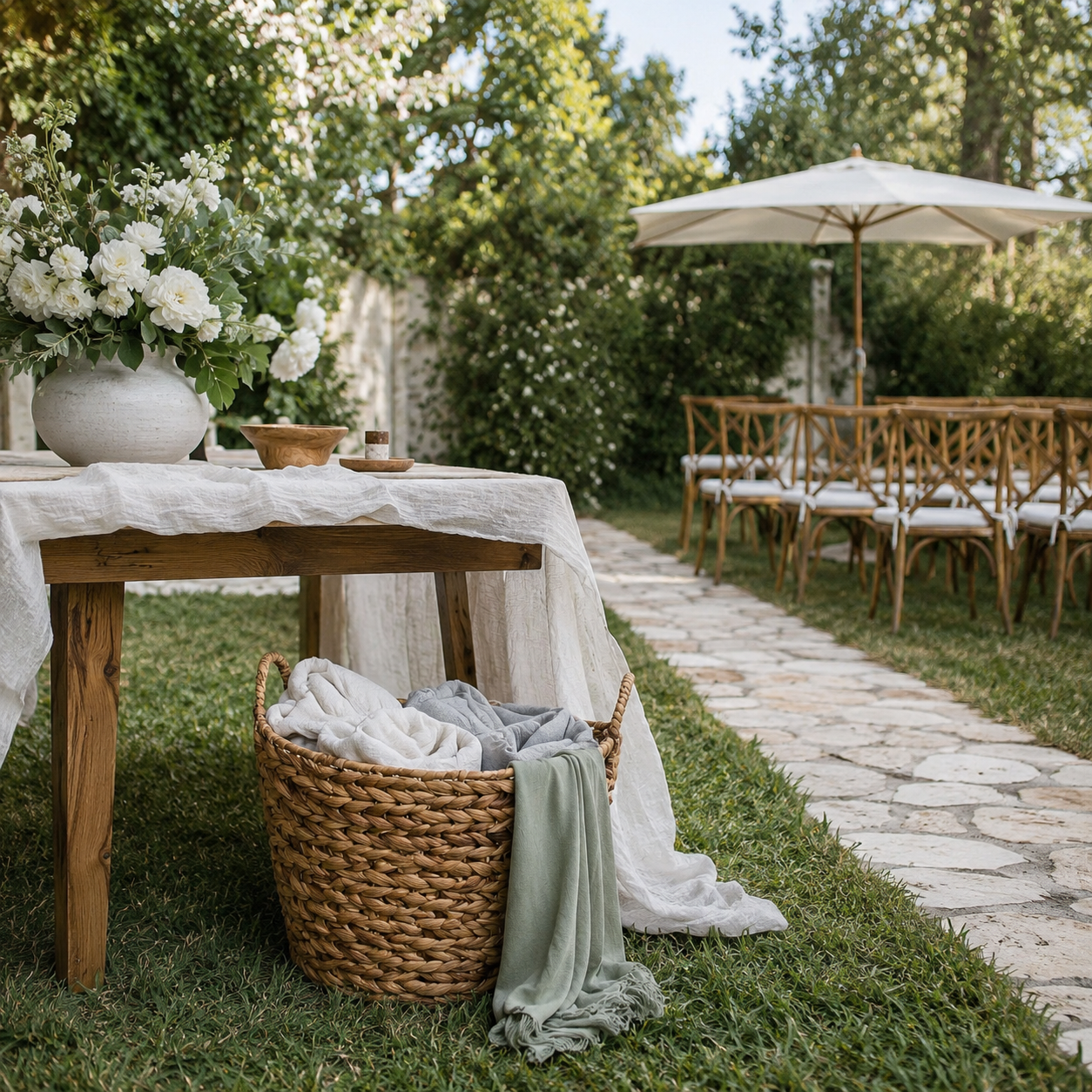 Large Water Hyacinth Wedding Comfort Basket - Woven Blanket Storage for Outdoor Ceremonies
