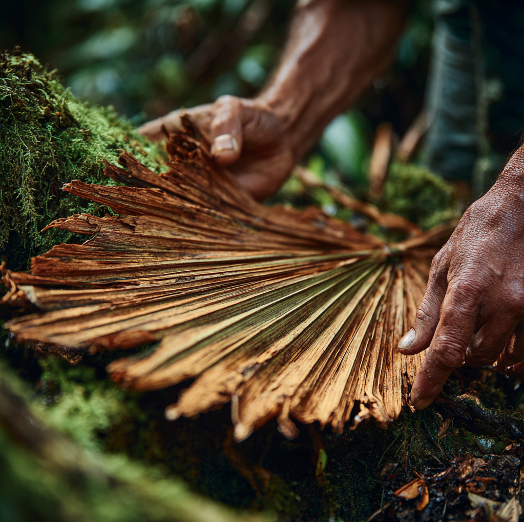 Hands gently touching a naturally fallen Areca palm leaf in a forest, the sustainable raw material for our zero-deforestation compostable tableware.