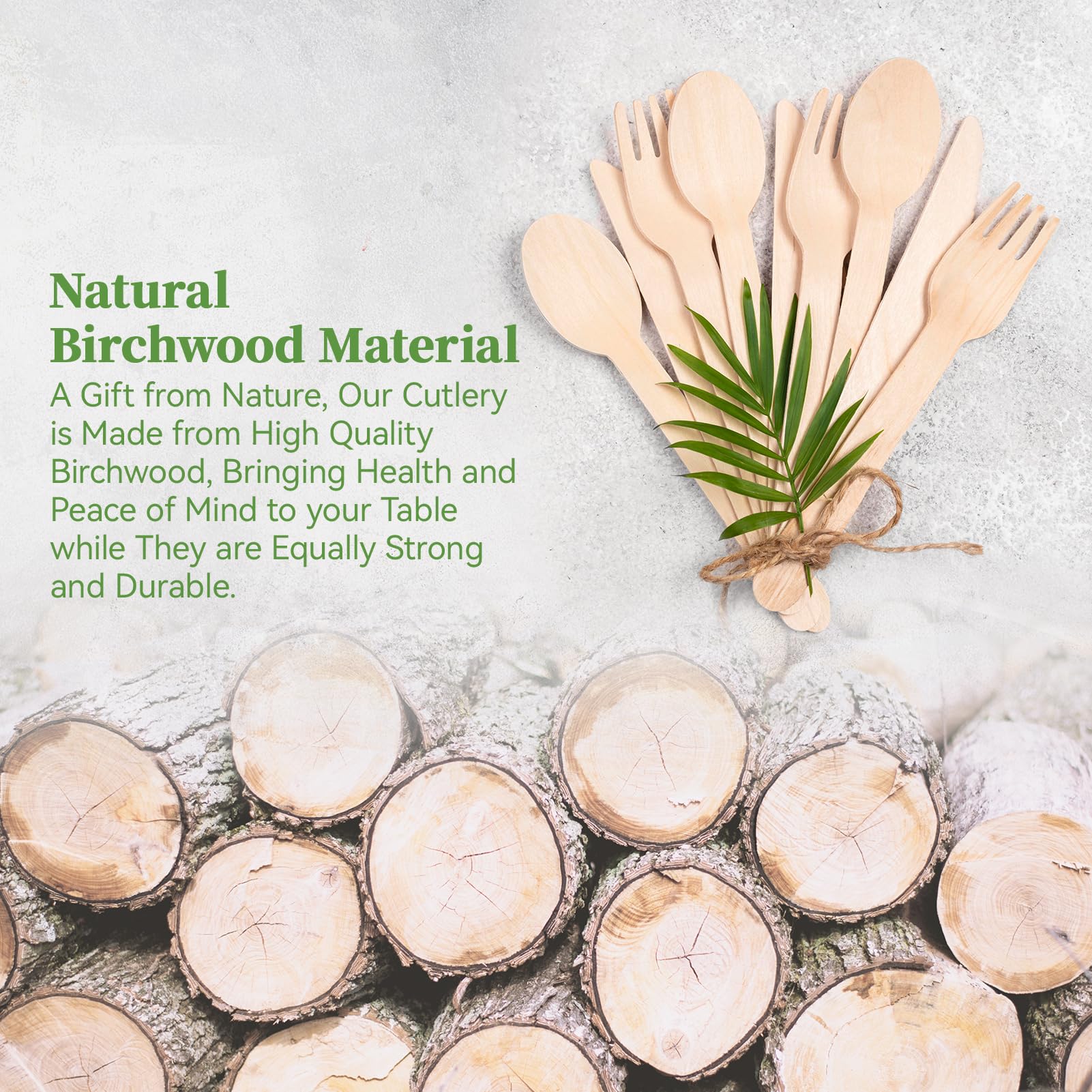 Compostable Splinter - Free Wooden Cutlery Set - Heavy - Duty Fork, Knife &amp; Spoon for Events - Leaf with life