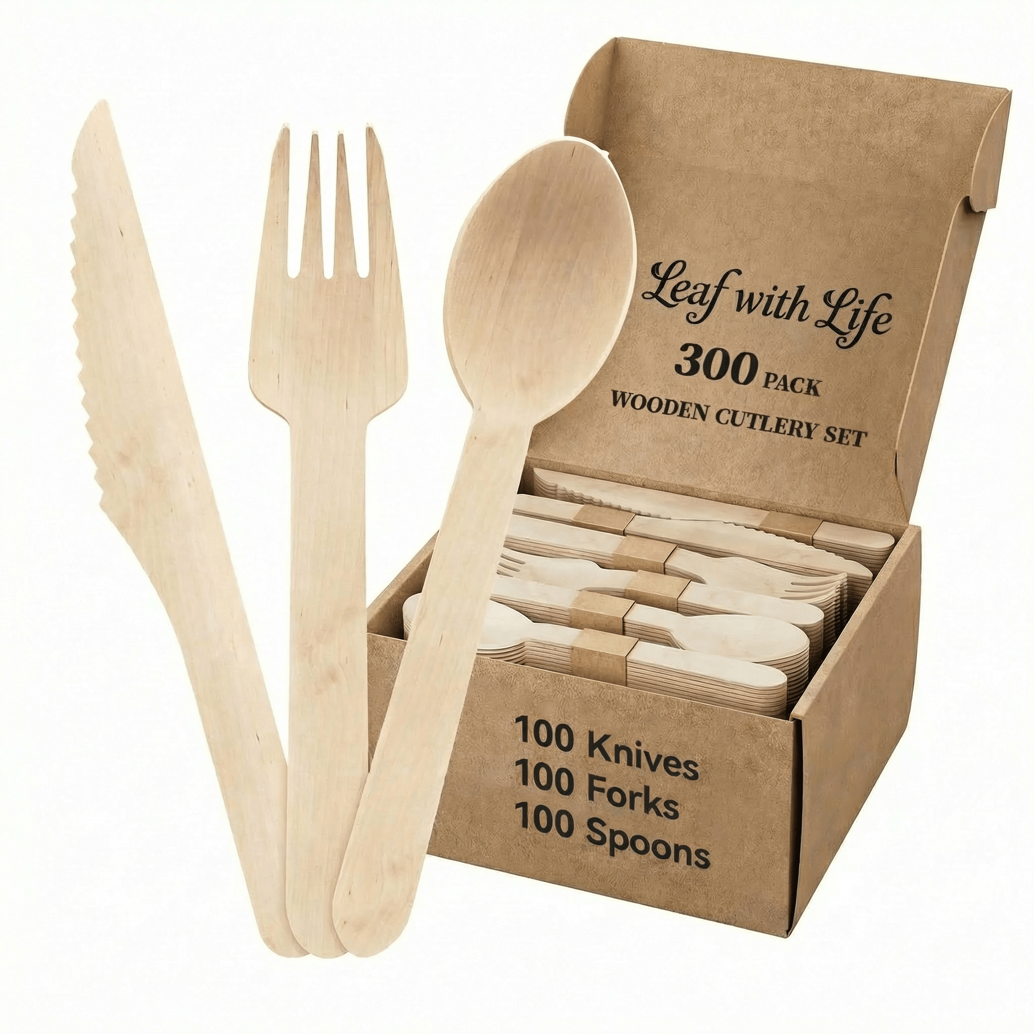 Compostable Splinter - Free Wooden Cutlery Set - Heavy - Duty Fork, Knife &amp; Spoon for Events - Leaf with life