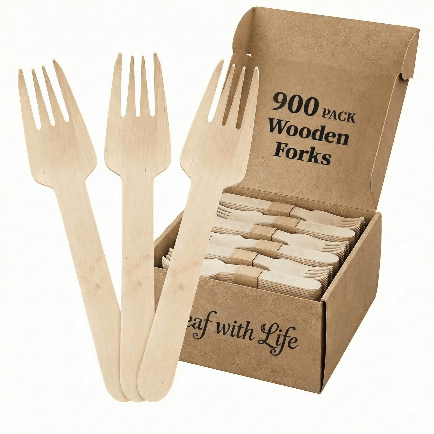 Compostable Splinter - Free Wooden Cutlery Set - Heavy - Duty Fork, Knife &amp; Spoon for Events - Leaf with life