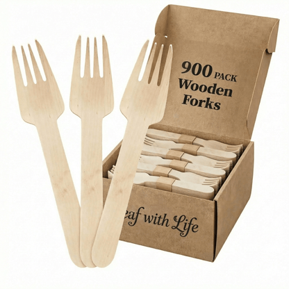 Compostable Splinter - Free Wooden Cutlery Set - Heavy - Duty Fork, Knife &amp; Spoon for Events - Leaf with life