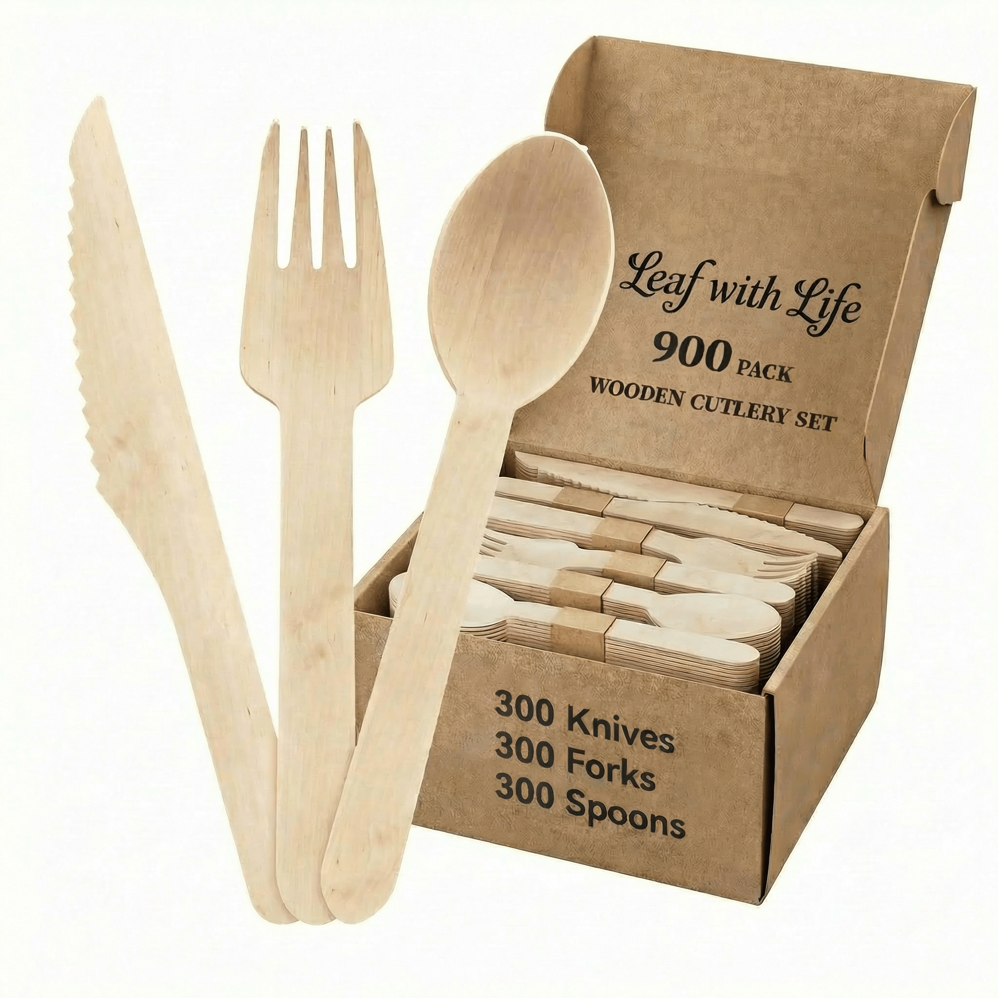 Compostable Splinter - Free Wooden Cutlery Set - Heavy - Duty Fork, Knife &amp; Spoon for Events - Leaf with life