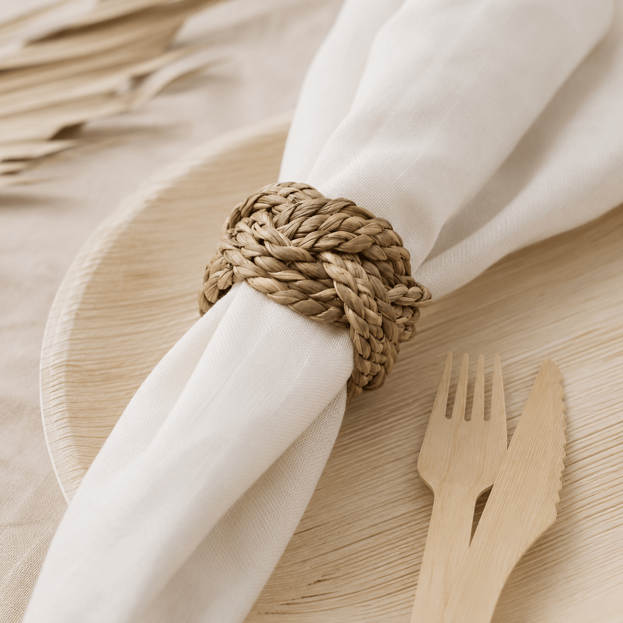 Handwoven Corn Husk Napkin Rings for Weddings & Dining, Set of 6 - Leaf with life