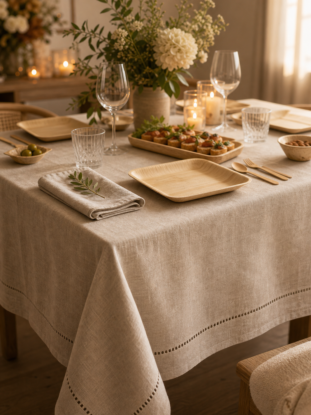 100% Pure Linen Tablecloth - Classic Hemstitch Rectangular Table Cover for Gatherings, Dining &amp; Celebrations