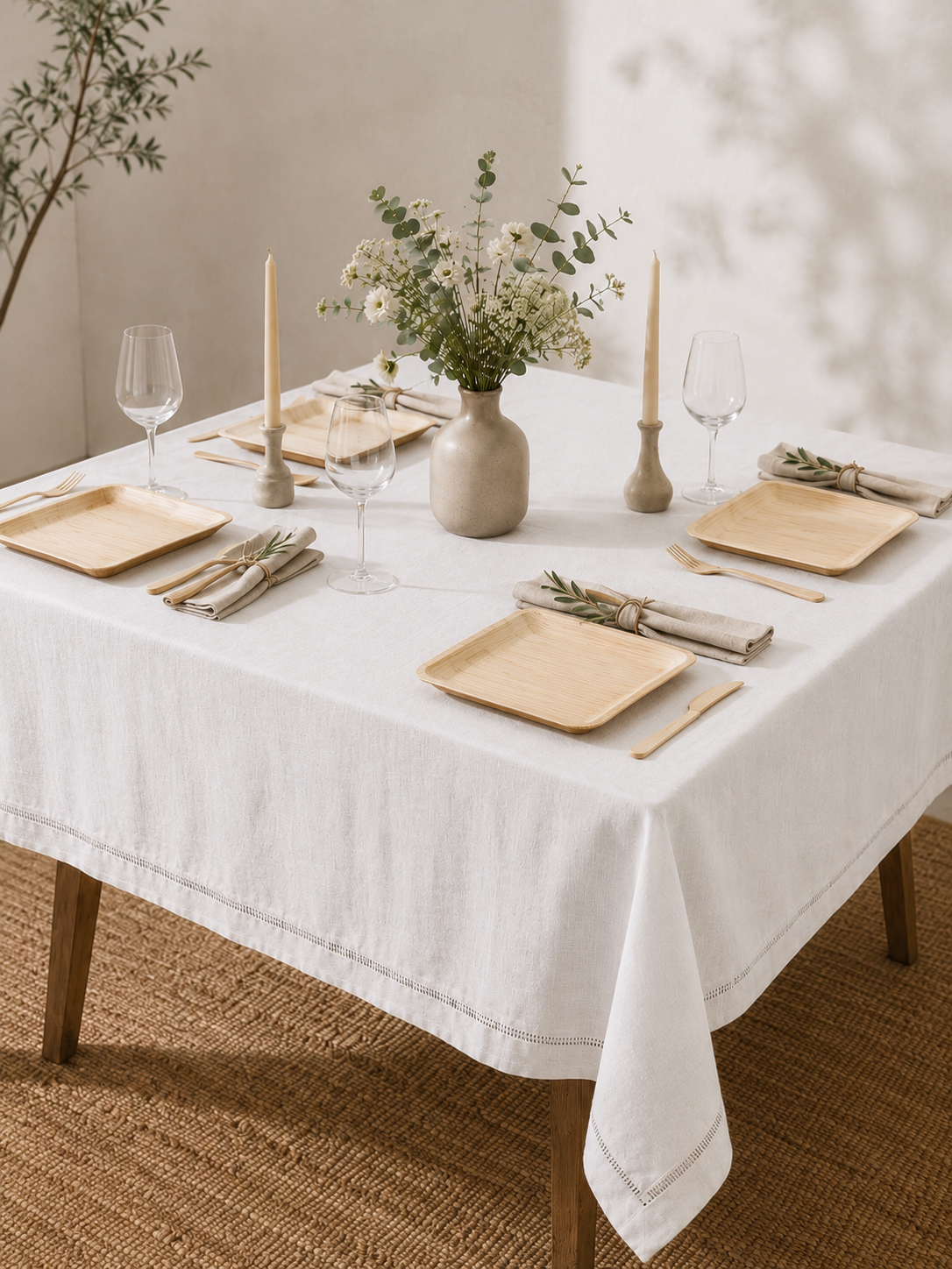 100% Pure Linen Tablecloth - Classic Hemstitch Rectangular Table Cover for Gatherings, Dining &amp; Celebrations