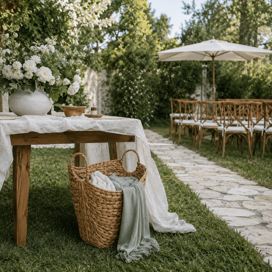 Large Water Hyacinth Wedding Comfort Basket - Woven Blanket Storage for Outdoor Ceremonies - Leaf with life