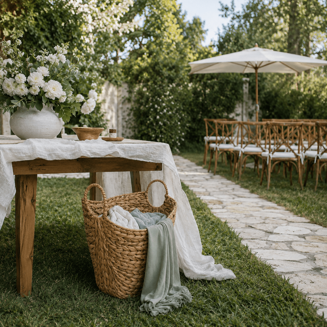 Large Water Hyacinth Wedding Comfort Basket - Woven Blanket Storage for Outdoor Ceremonies - Leaf with life
