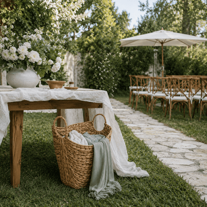 Large Water Hyacinth Wedding Comfort Basket - Woven Blanket Storage for Outdoor Ceremonies - Leaf with life