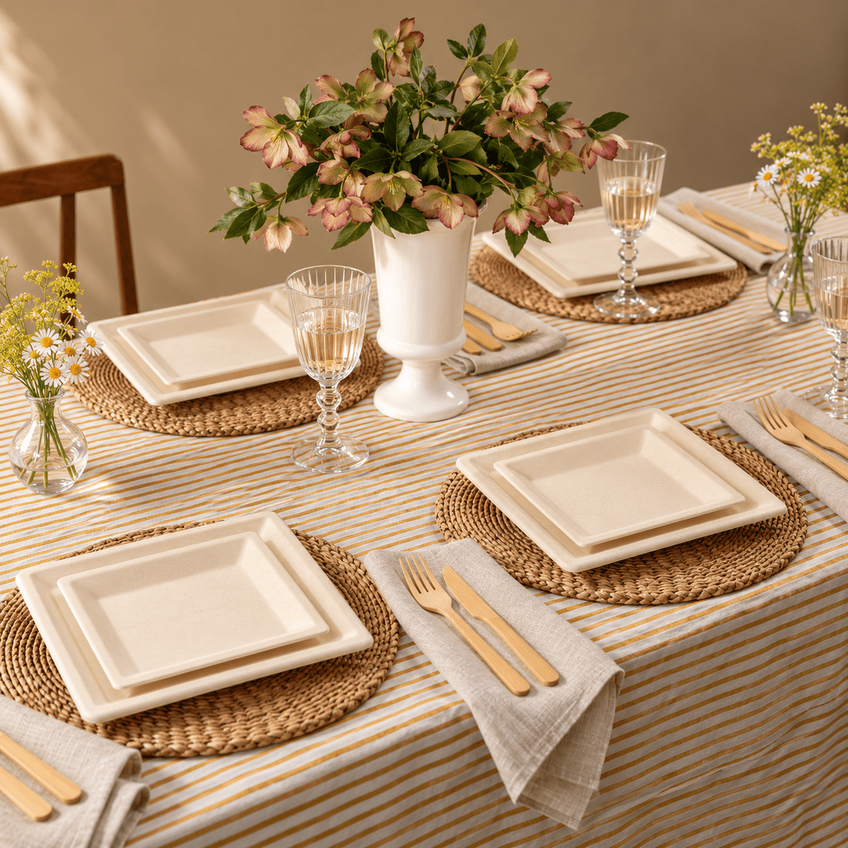 Natural Sugarcane Party Dinnerware Set - 6 &amp; 10 in Square Plates with Bamboo Cutlery, Serves 100 - Leaf with life