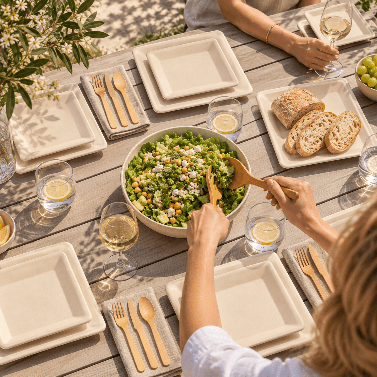 Natural Sugarcane Party Dinnerware Set - 6 &amp; 10 in Square Plates with Bamboo Cutlery, Serves 100 - Leaf with life