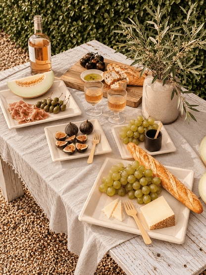 Natural Sugarcane Party Dinnerware Set - 6 &amp; 10 in Square Plates with Bamboo Cutlery, Serves 100 - Leaf with life
