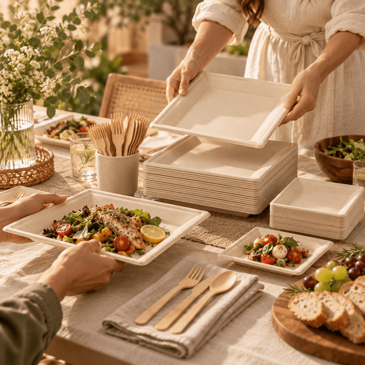 Natural Sugarcane Party Dinnerware Set - 6 &amp; 10 in Square Plates with Bamboo Cutlery, Serves 100 - Leaf with life