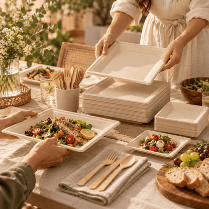 Natural Sugarcane Party Dinnerware Set - 6 &amp; 10 in Square Plates with Bamboo Cutlery, Serves 100 - Leaf with life