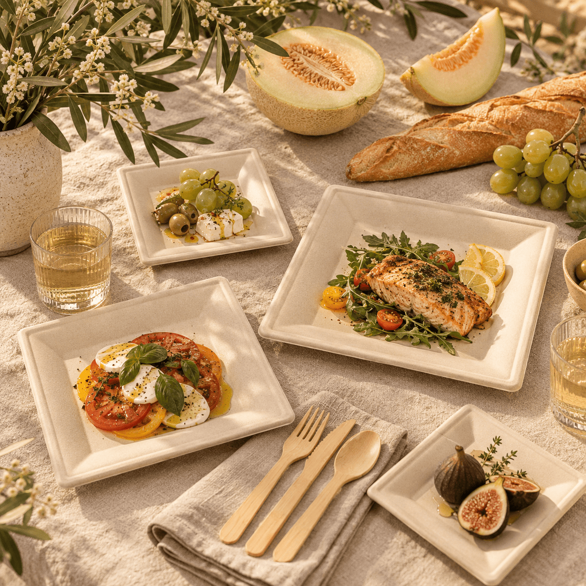 Natural Sugarcane Party Dinnerware Set - 6 &amp; 10 in Square Plates with Bamboo Cutlery, Serves 100 - Leaf with life