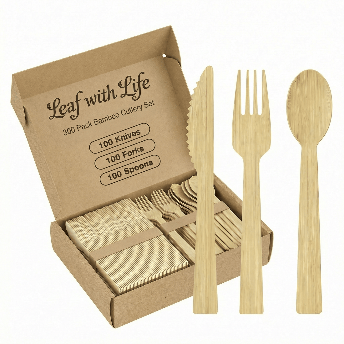 Sturdy Splinter - Free Bamboo Cutlery Set - Compostable Fork, Knife &amp; Spoon for Events - Leaf with life