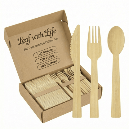 Sturdy Splinter - Free Bamboo Cutlery Set - Compostable Fork, Knife &amp; Spoon for Events - Leaf with life