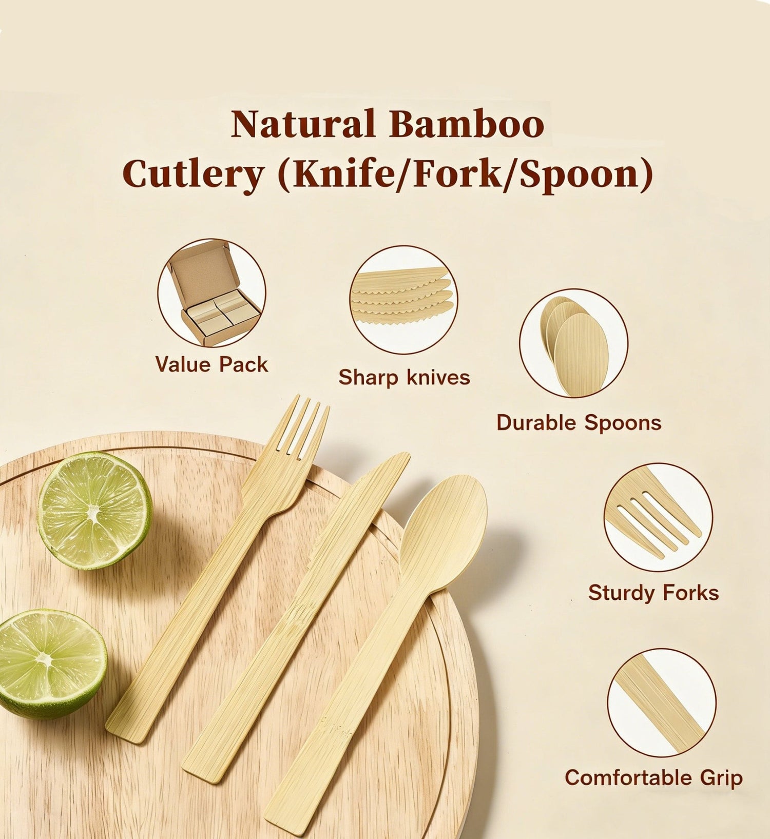 Sturdy Splinter - Free Bamboo Cutlery Set - Compostable Fork, Knife &amp; Spoon for Events - Leaf with life