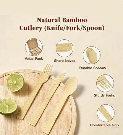 Sturdy Splinter - Free Bamboo Cutlery Set - Compostable Fork, Knife &amp; Spoon for Events - Leaf with life